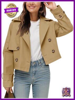 Cropped Trench Coat Oversized Double Breasted Lapel Loose Fit Jacket Outwear